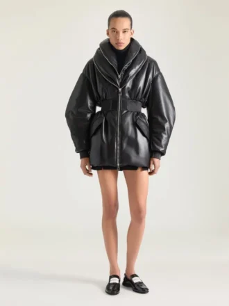 レザー製ジップ付きショールカラーの砂時計型ボンバージャケット