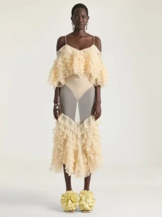 極細ニットのロングフリルドレス